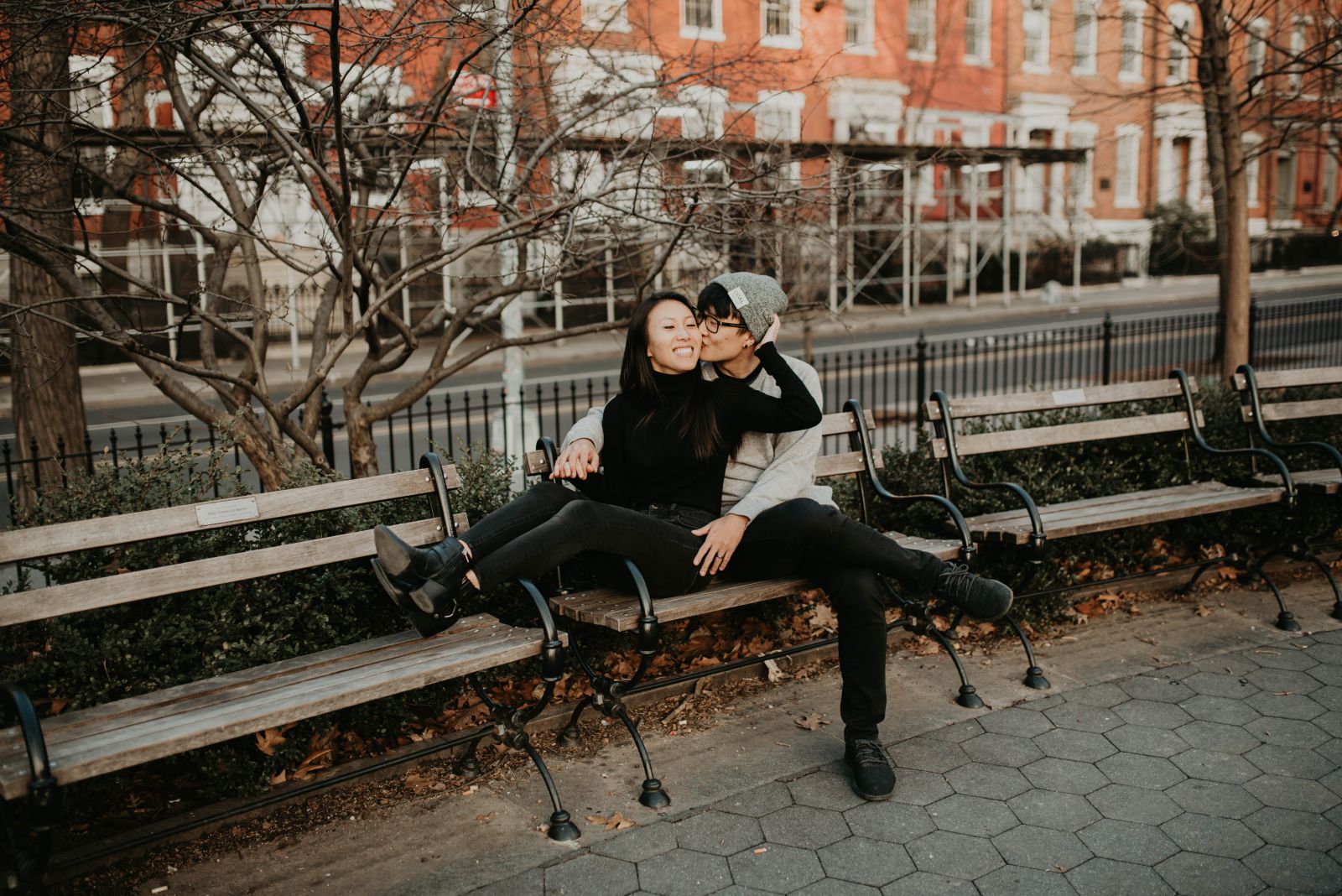 Helen and David on a bench in Washington Square Park.